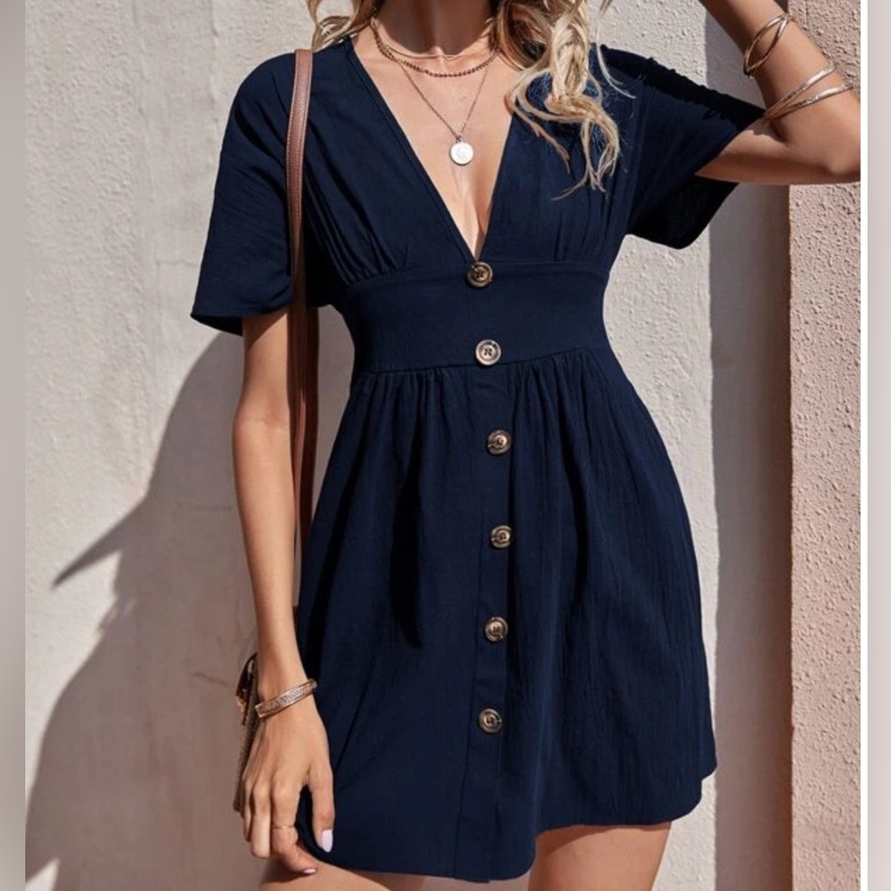 SHEIN. Navy blue deep V-neck button down dress.